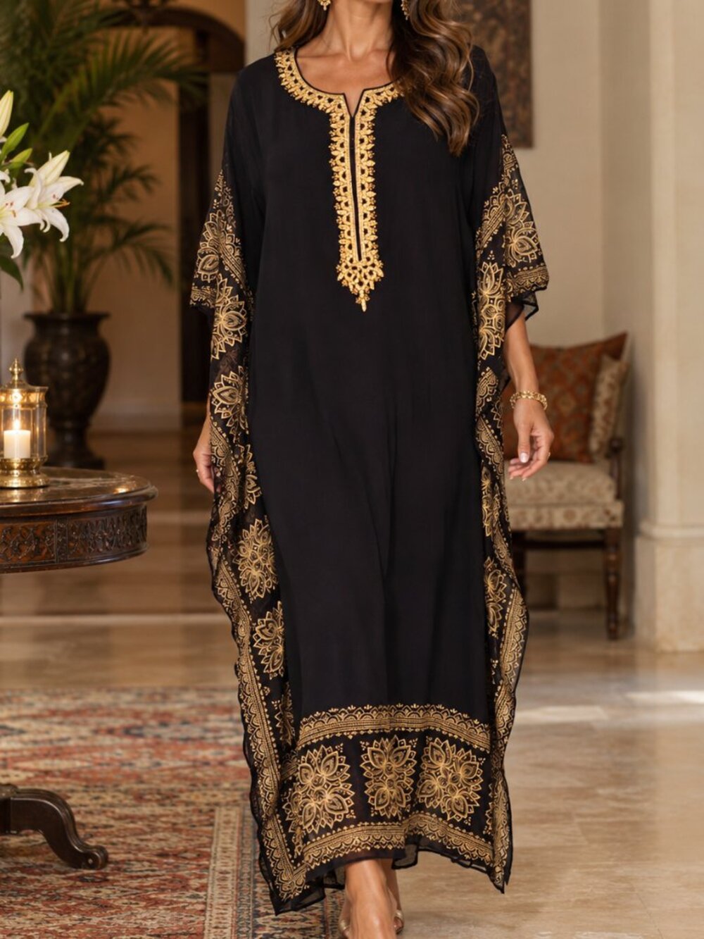 ESIKA Gold & Black Caftan XL-42 (EU) Beaded Gold Flowing Elegant